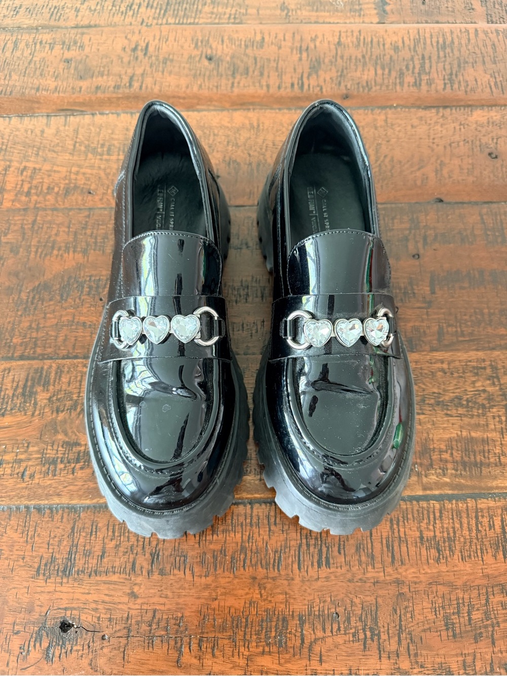 Call It Spring Black Patent Vegan Lug-Sole Loafer with Silver Rhinestones SZ.8.5 - Picture 3 of 8